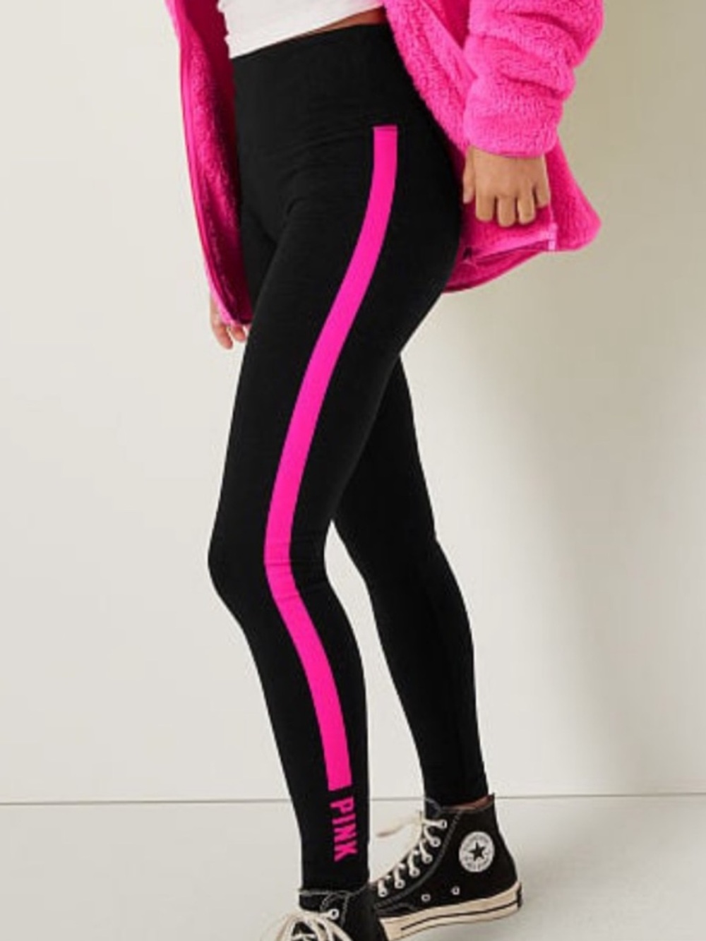 Pink All-Day Cotton High Waist Full Length Legging Black Hot Pink Stripe size S